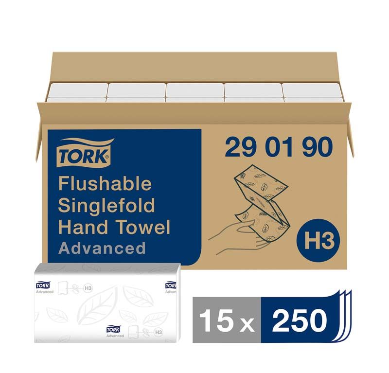 Offene Verpackung der Tork® Advanced Handtücher mit Ziehanleitung und Produktinformationen.