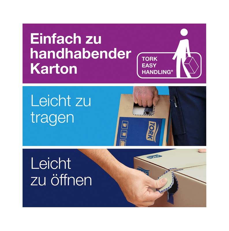 Einfach zu handhabender Tork® Karton mit Öffnungs- und Trageillustrationen.