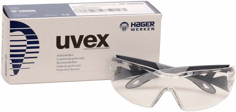 Schutzbrille Uvex iSpec Pure Fit mit transparenten Gläsern vor Verpackung.