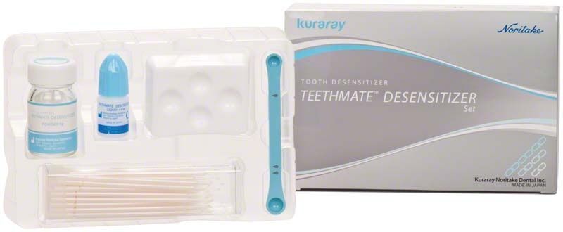 Zahnmedizinisches Set "TEETHMATE™ DESENSITIZER" mit Verpackung und Applikationszubehör.