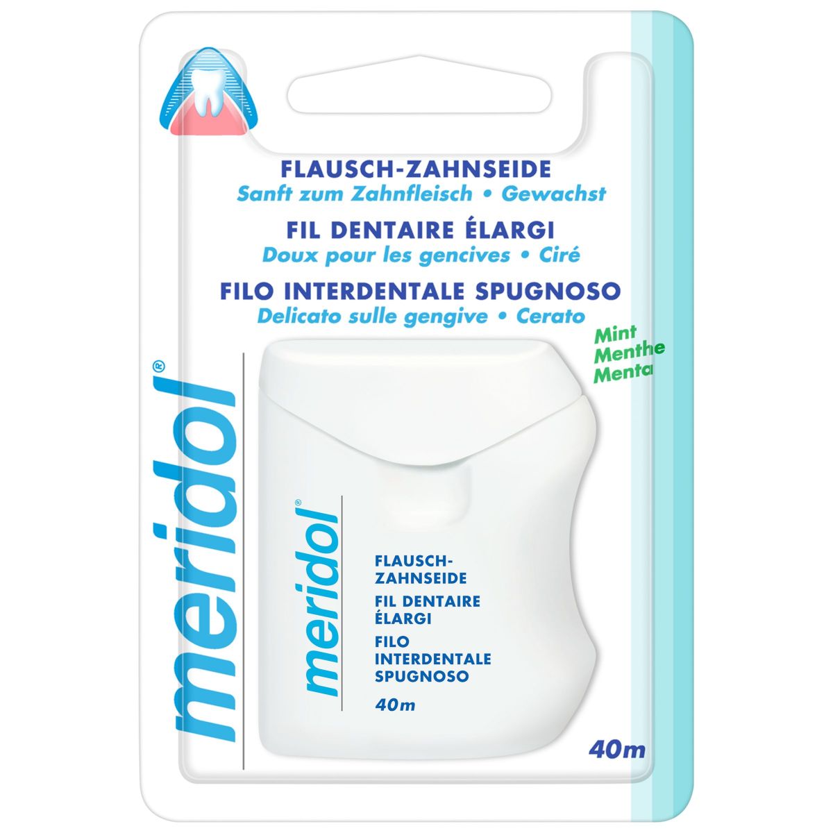 meridol Flausch-Zahnseide in weißem Spender auf Verpackung mit mintfarbenem Design