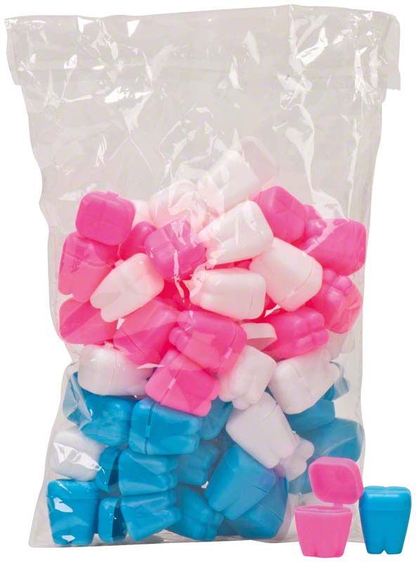 72 bunte Zahnbehälter für Kinder in einem durchsichtigen Beutel.