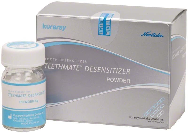 Teethmate Desensitizer Pulver in Verpackung mit Glasbehälter und Produktinformationen.