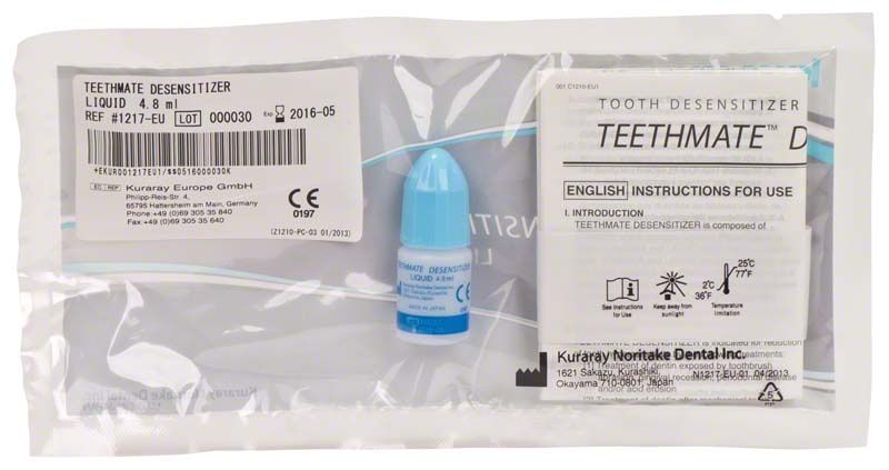 Teethmate Desensitizer Liquid in Verpackung mit Anleitung und Etikett.