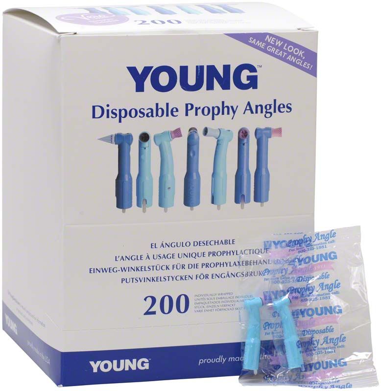 Einweg Prophy-Winkelstücke mit lilafarbenen Polierkelchen in Verpackung.