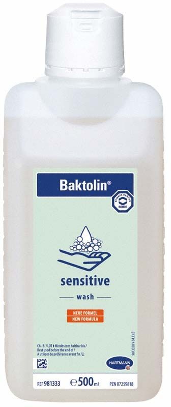 Baktolin sensitive Waschlotion 500ml mit sichtbarem Etikett und Dosierkappe.