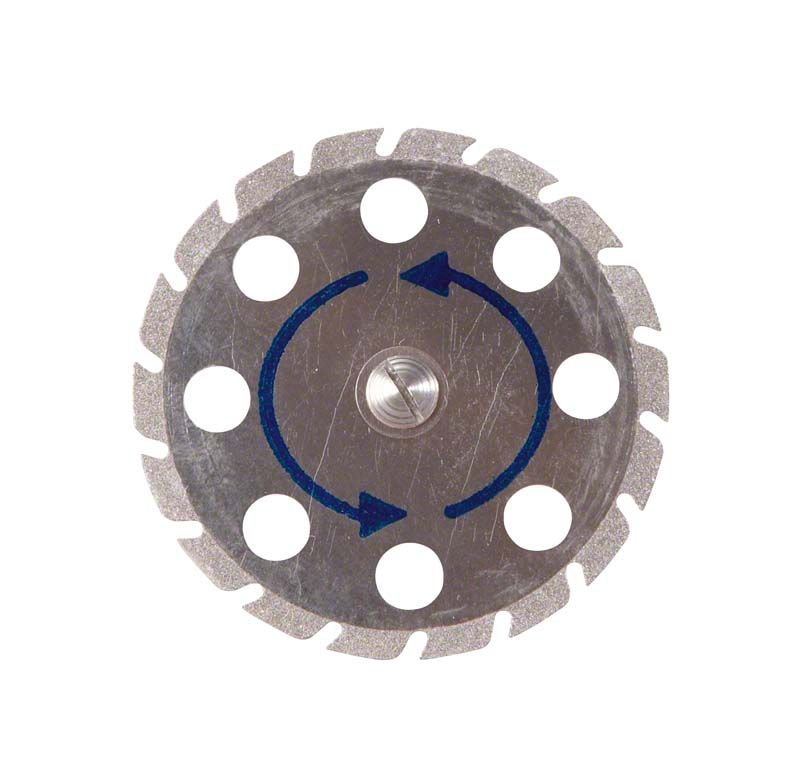 Diamantscheibe für Dentalanwendungen mit blauen Pfeilen auf silberner Oberfläche.