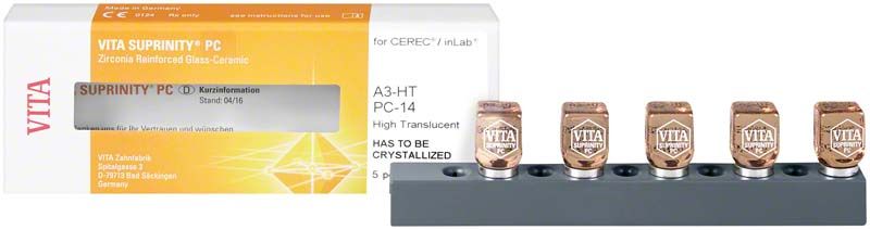 VITA SUPRINITY® PC A3 Zahnkeramikblöcke auf Halterung vor Produktverpackung.
