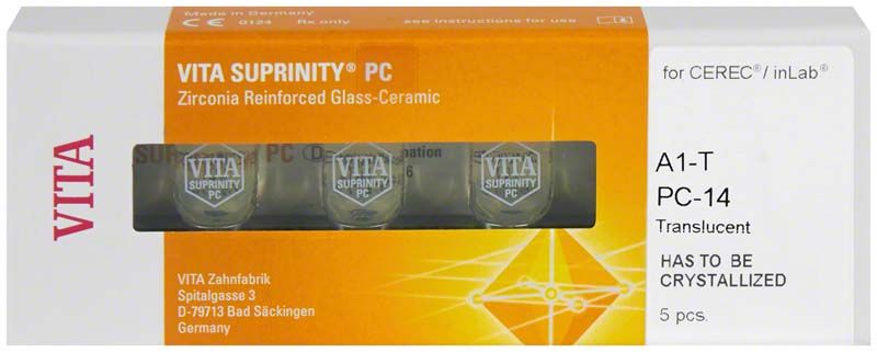 VITA SUPRINITY® PC Blöcke für CEREC®/inLab® in A1, 5 Stück Verpackung.