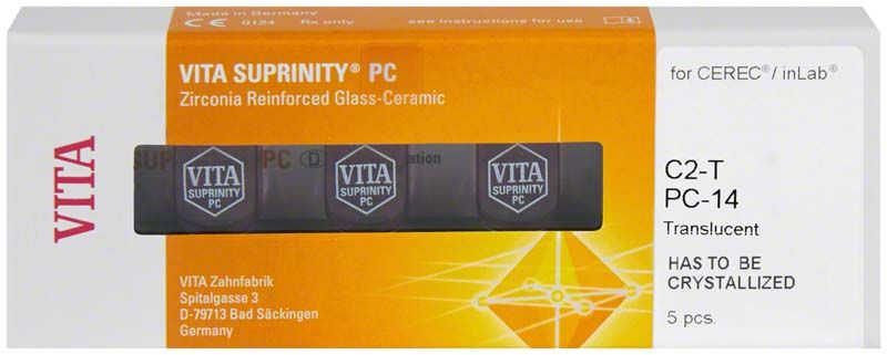 Verpackung von VITA SUPRINITY® PC C2 für CEREC®/inLab® mit fünf Einheiten.