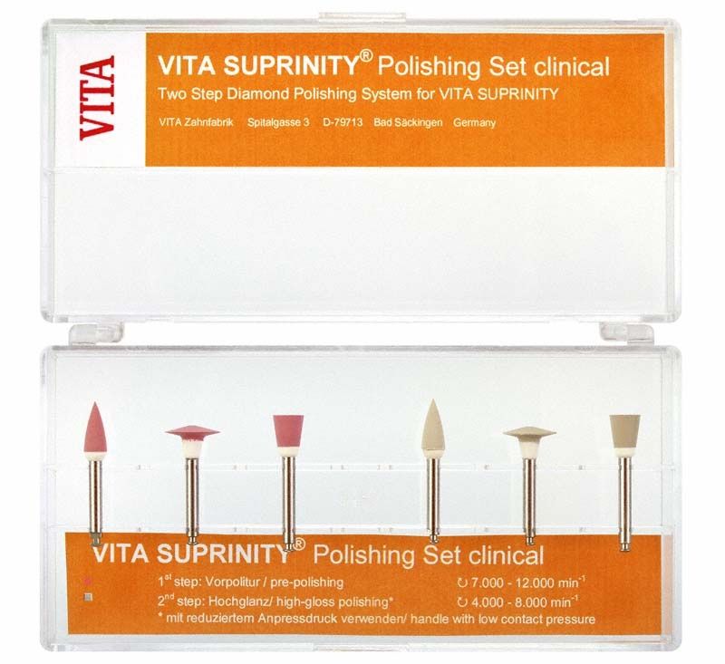 VITA SUPRINITY® Polishing Set clinical mit Polierinstrumenten in Kunststoffbox.