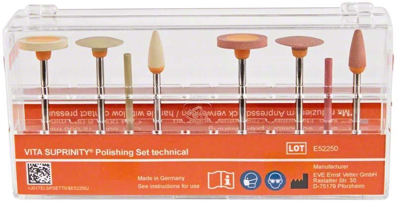 VITA SUPRINITY® Polierset mit verschiedenen Aufsätzen in transparenter Box.