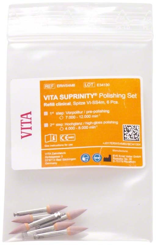 VITA SUPRINITY® Vorpolitur-Set mit klinischen Spitzen in transparenter Verpackung.