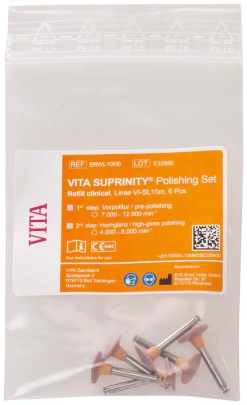 VITA SUPRINITY® Vorpolitur-Set mit sechs rotierenden Polierlinsen in Kunststoffverpackung.
