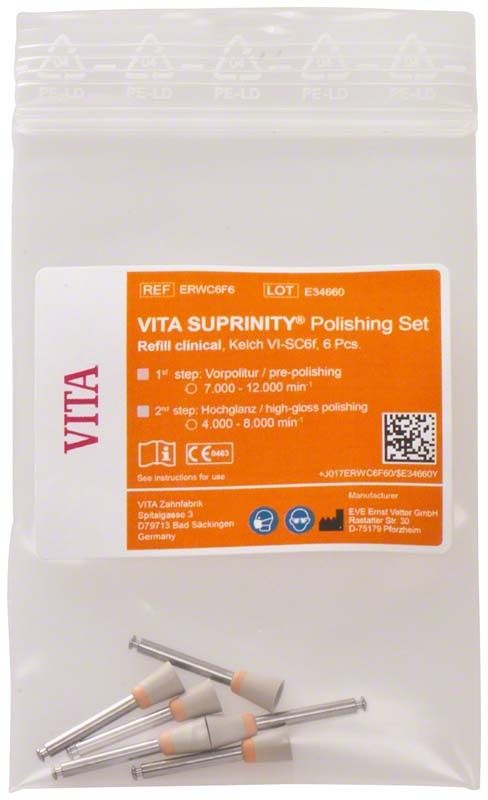 Transparente Verpackung mit VITA SUPRINITY® Polierer Kelch und orangefarbenem Etikett.