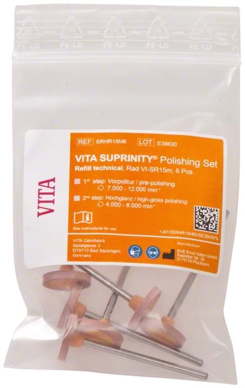 VITA SUPRINITY® Vorpolitur-Set in transparenter Verpackung mit sechs Polierscheiben.