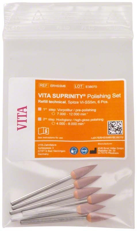 VITA SUPRINITY® Vorpolitur Spitzen im Set, 6 Stück in Verpackung.