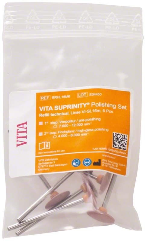 VITA SUPRINITY® Vorpolitur Set in transparenter Verpackung mit orangefarbenem Etikett.