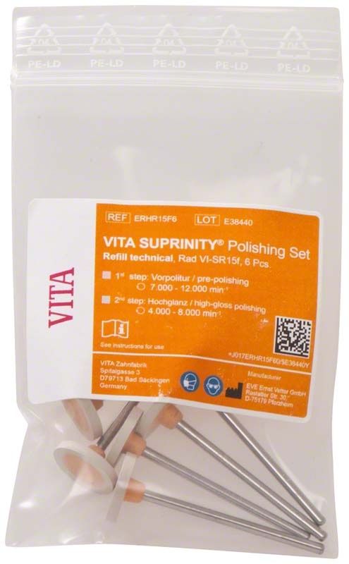 VITA SUPRINITY® Polierer Set in transparenter Verpackung mit orangefarbenem Etikett.