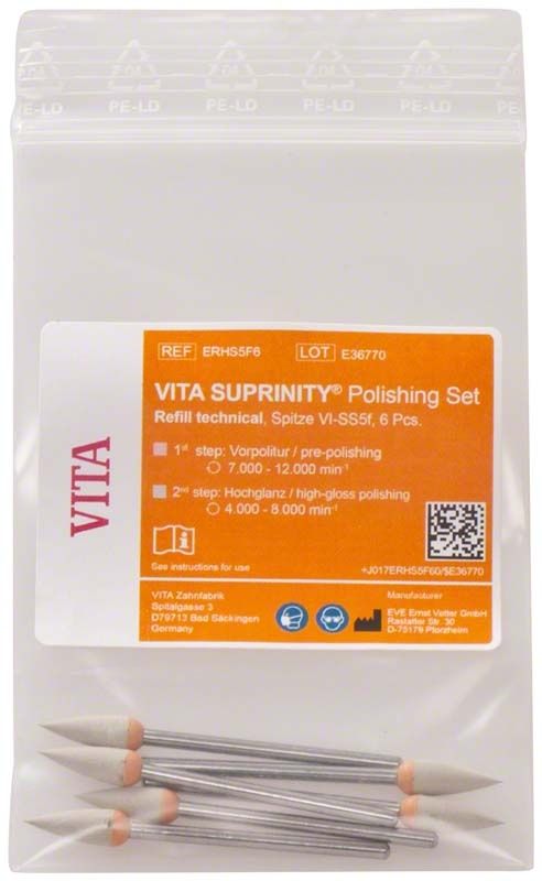 VITA SUPRINITY® Polierer-Set mit technischen Spitzen in wiederverschließbarer Verpackung.