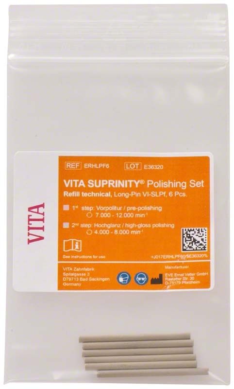 VITA SUPRINITY® Polierer Longpin-Set in weißer Verpackung mit orangefarbenem Etikett.