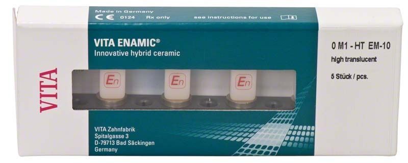 Verpackung von VITA ENAMIC® EM-10 HT 0M1 Zahnersatzmaterial mit fünf Stück.