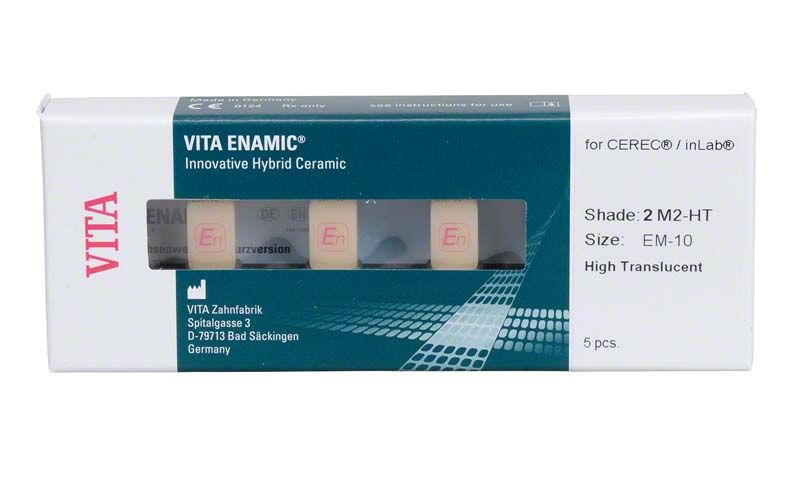 VITA ENAMIC® EM-10 HT 2M2 Hybridkeramikblock in Verpackung.