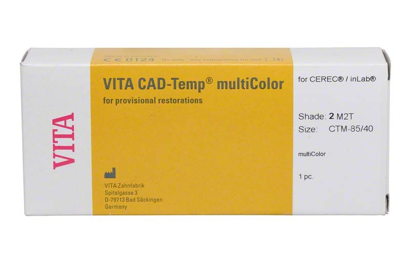 Verpackung von VITA CAD-Temp® multiColor CTM-85/40 für provisorische Restaurationen.