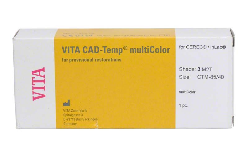 Verpackung von VITA CAD-Temp® multiColor für Langzeitprovisorien im Dentalbereich.