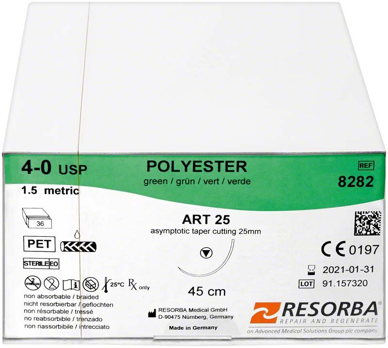 Verpackung des RESORBA® Polyester Nahtmaterials DS18 4/0, 45cm, 12 Stück.