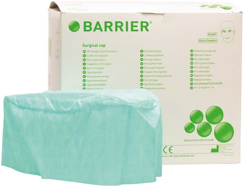 OP-Haube Schiffchenform Elast in Grün vor Produktverpackung.