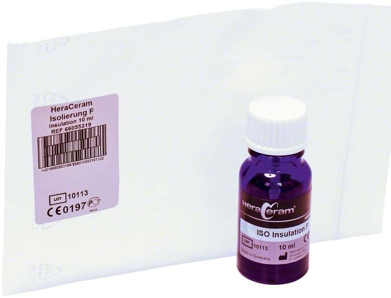 HeraCeram Isolierung F 10ml Flasche vor weißem Hintergrund.
