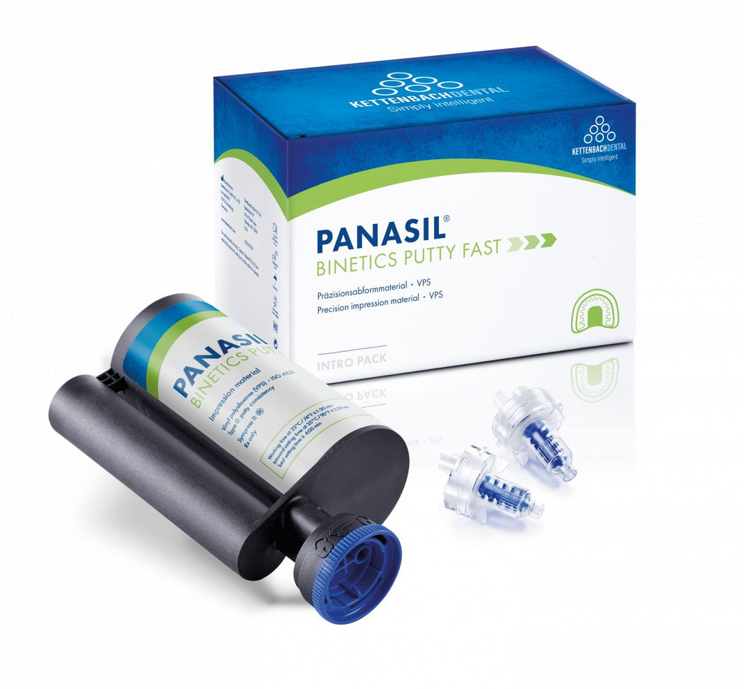 Panasil® binetics Putty Fast Großkartusche mit Verpackung und Zubehör.
