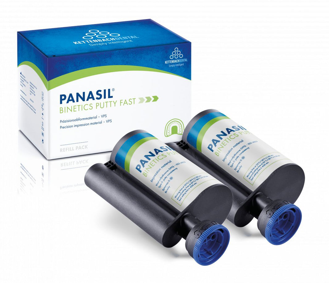 Panasil® binetics putty fast Refill Pack mit zwei 380ml Kartuschen für dentalmedizinische Anwendungen.