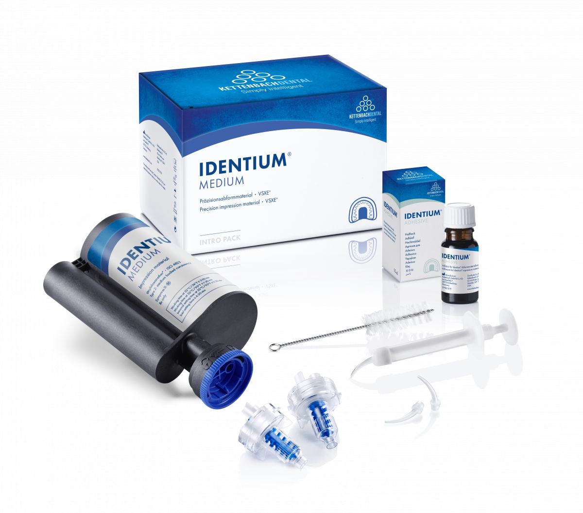 Identium® Medium Kartusche 380ml mit Zubehör und Verpackung auf weißem Hintergrund.