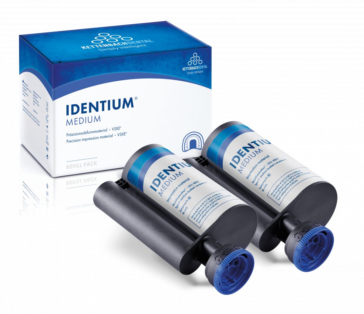 Identium® Medium Kartuschen 2 x 380ml vor Verpackung auf weißem Hintergrund.