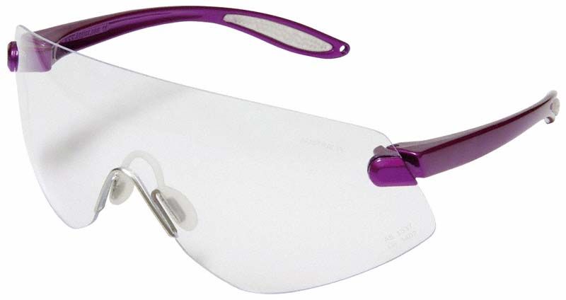 Modische lila Schutzbrille mit leichtem Rahmen und Silikon-Nasensteg.