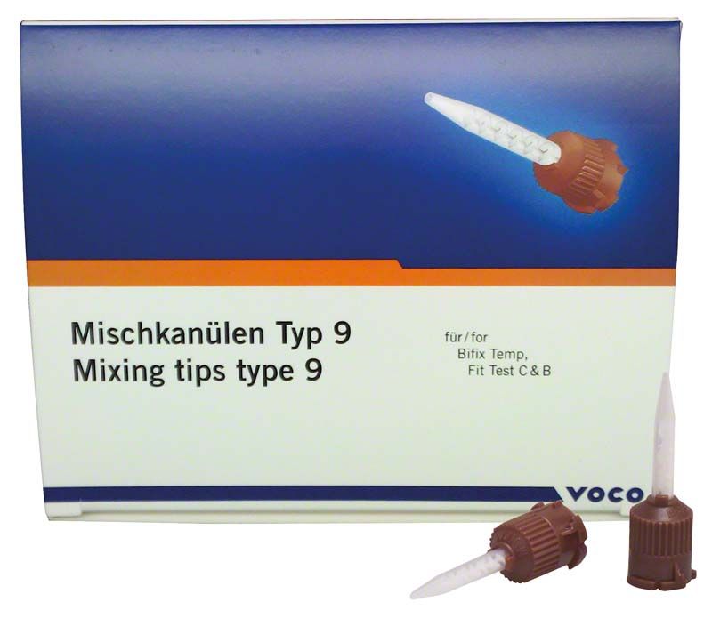Mischkanülen Typ 9 mit Verpackung und zwei Kanülen im Vordergrund.