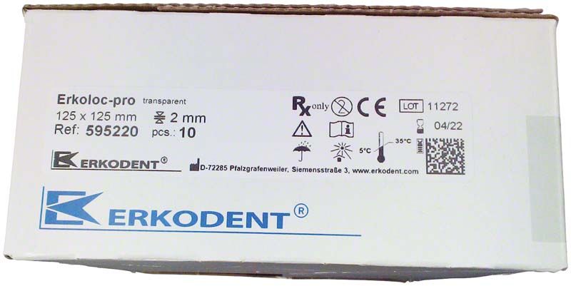 Erkodent-Verpackung mit Erkoloc-pro Doppelschicht-Folie, 125 x 125 mm, 2 mm dick.
