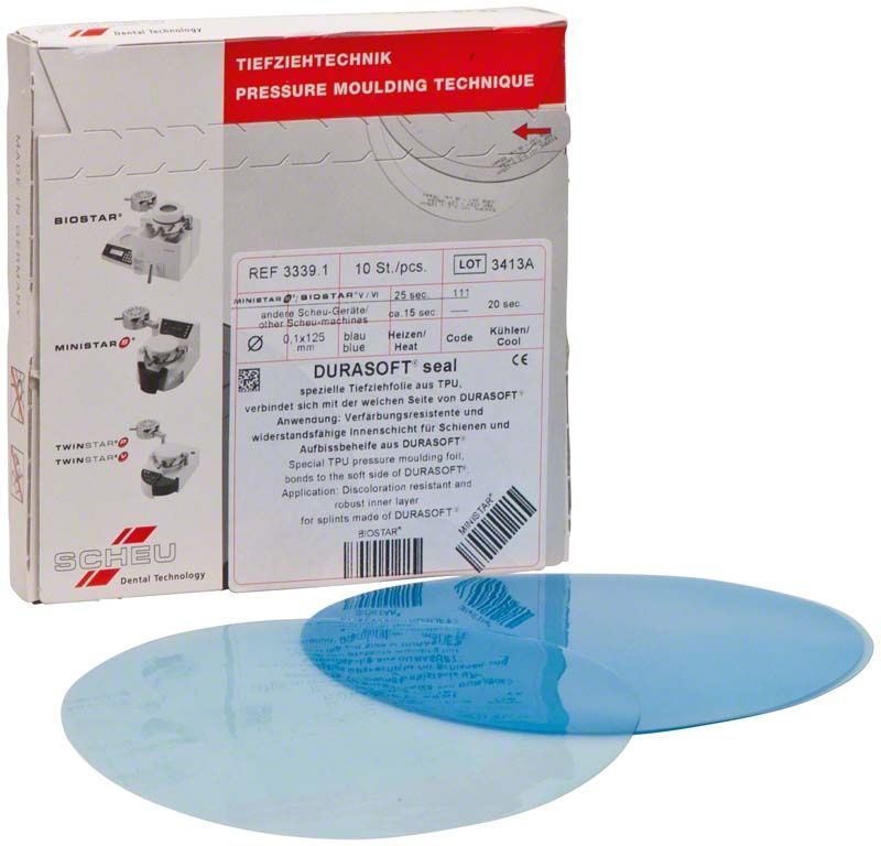 Hochwertige, blaue Durasoft® Tiefziehfolie für dentalmedizinische Anwendungen.