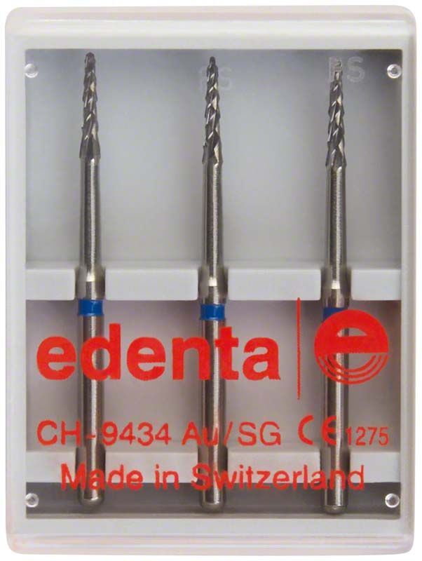 Knochenfräser C254A 012 FGXL in Verpackung mit drei Instrumenten.