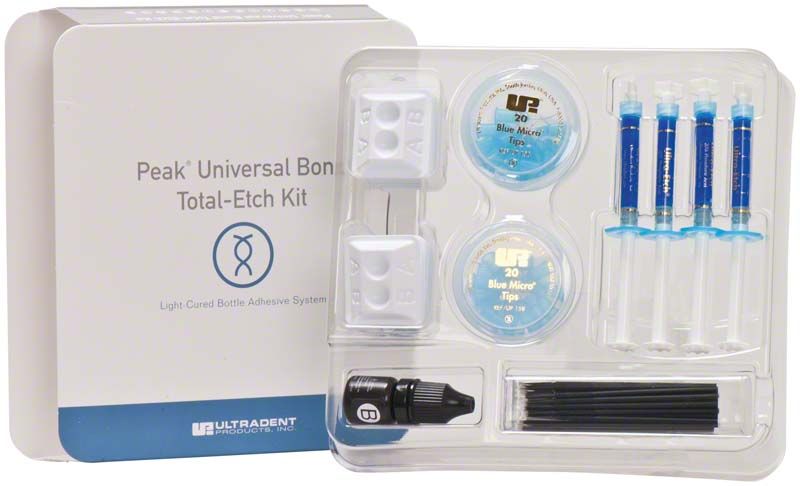 Peak Universal Bond Total Etch Kit mit Spritzen, Fläschchen und Applikatoren in Verpackung.