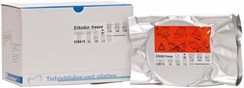Verpackung der Erkodur freeze 50er Tiefziehfolie mit Produktinformationen.