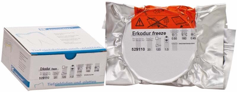 Verpackung der Erkodur freeze 20er mit 1,00mm Dicke und Ø 120mm.