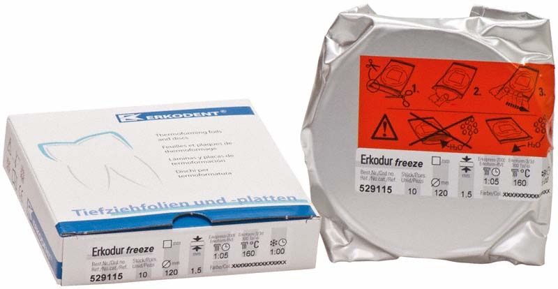 Verpackung und Produktansicht von Erkodur freeze 10er, 1,50mm x Ø 120mm.