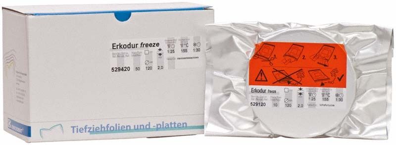 Erkodur freeze 50er, 2,00mm x Ø 120mm, in Verpackung und Folie.
