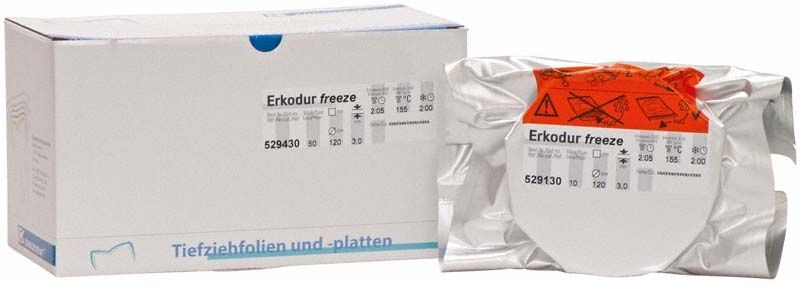 Verpackung von Erkodur freeze 50er mit Tiefziehfolie und Platten.