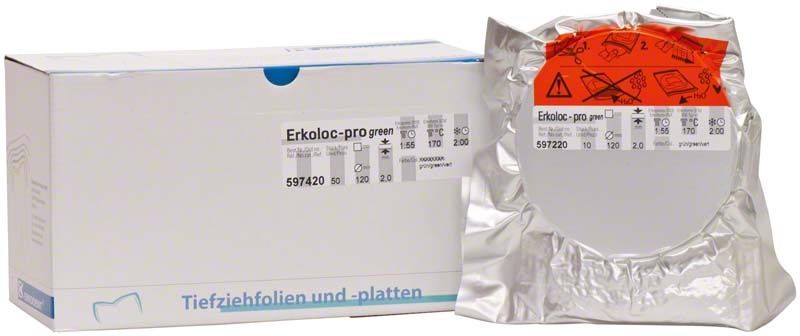 Verpackung von Erkoloc-pro green Zahntechnikfolien, 50 Stück, 2,00mm x Ø 120mm.