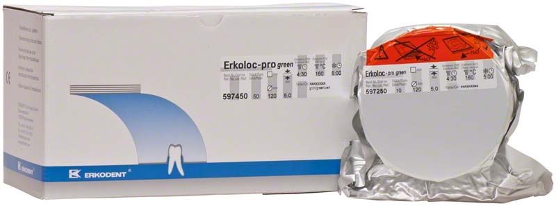 Erkoloc-pro grüne Dentalfolie, 50 Stück, 5,00mm x Ø 120mm, in Verpackung.