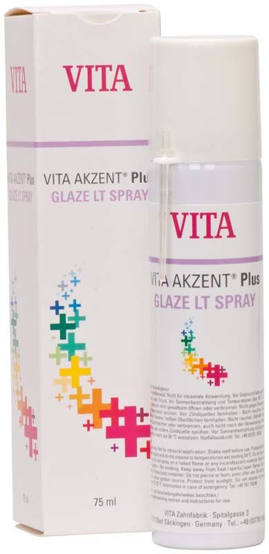 VITA AKZENT® Plus GLAZE LT Spray vor Verpackung mit farbigem Design.